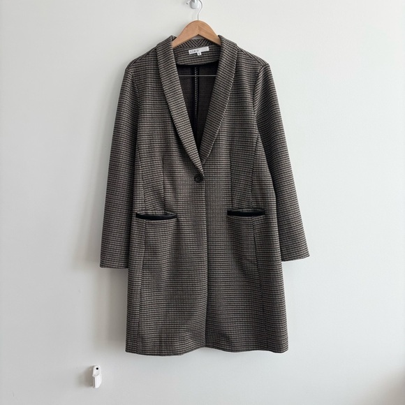 Cleo Plaid Long Single Button Coat with Faux Leather Detail - Picture 2 of 11